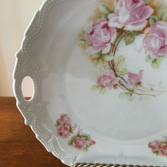 Vintage Porcelain Handled Pink Floral Cake or Serving Plate, garden party, - Picture 6 of 11